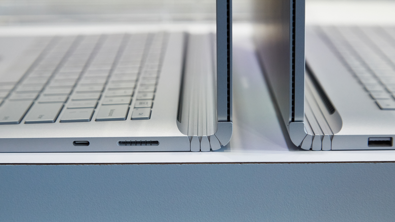 The vents look kind of cool, and the Surface Book designers take advantage of the fact that the laptop lid doesn’t need to lie flush against the keyboard.